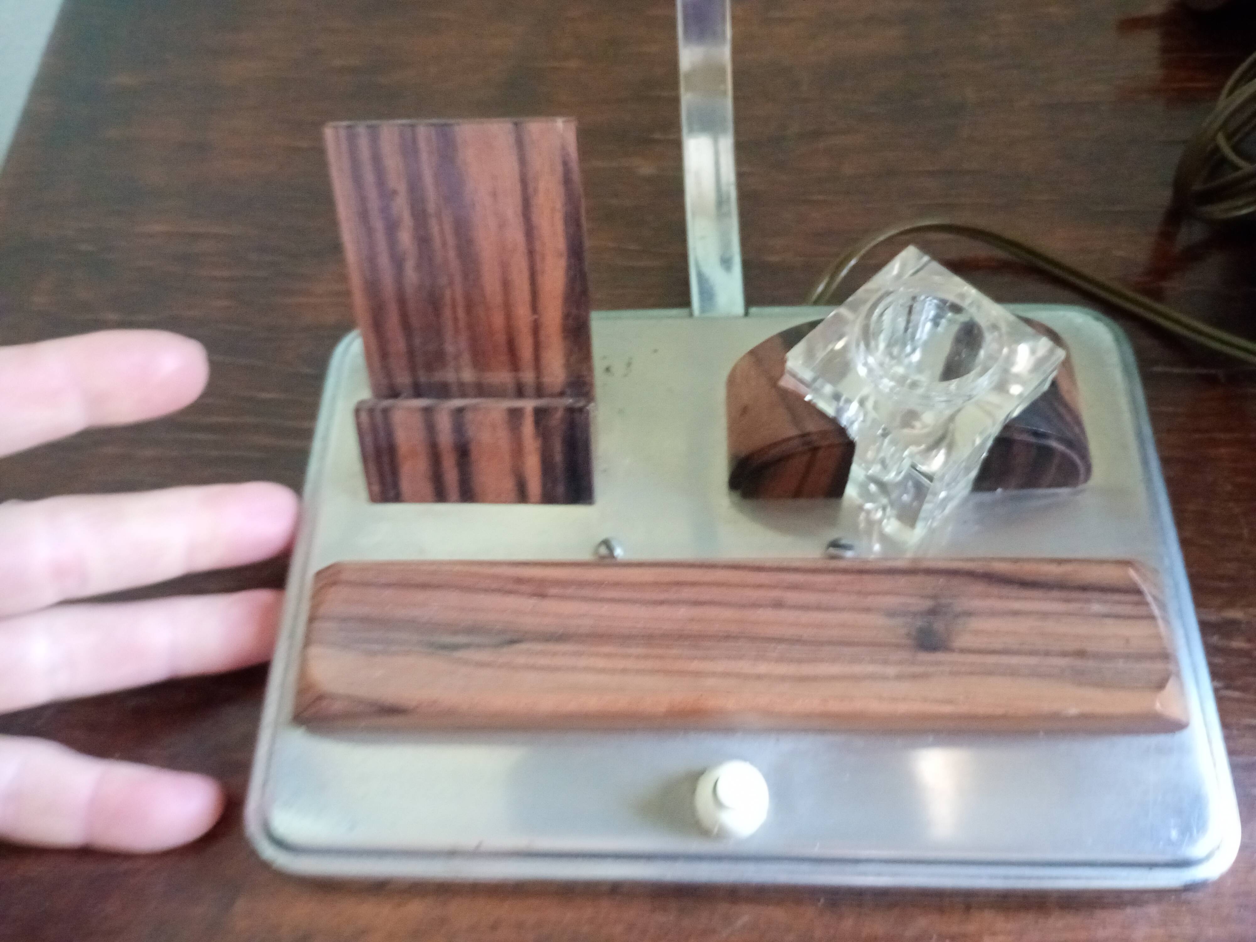 Vintage desk lamp - chrome steel + inkwell + card holder and rosewood pen