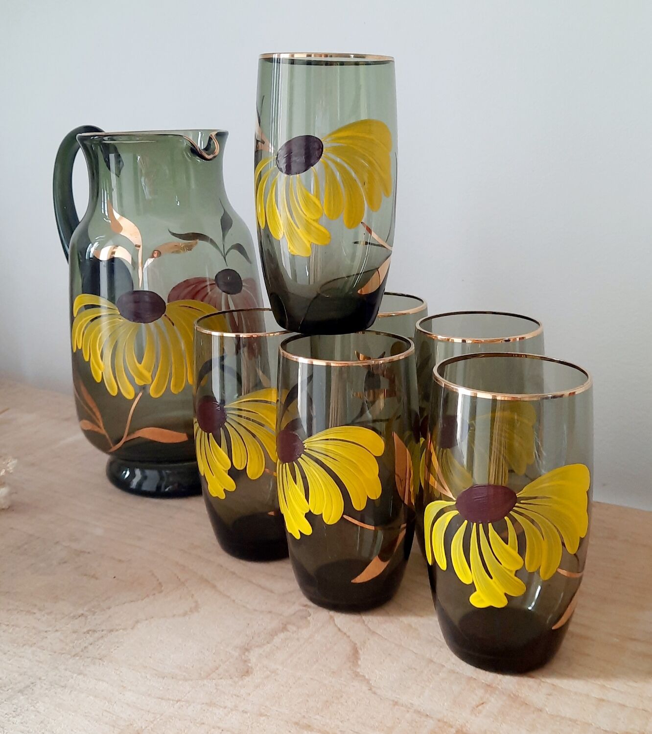 Vintage smoked amber glass pitcher