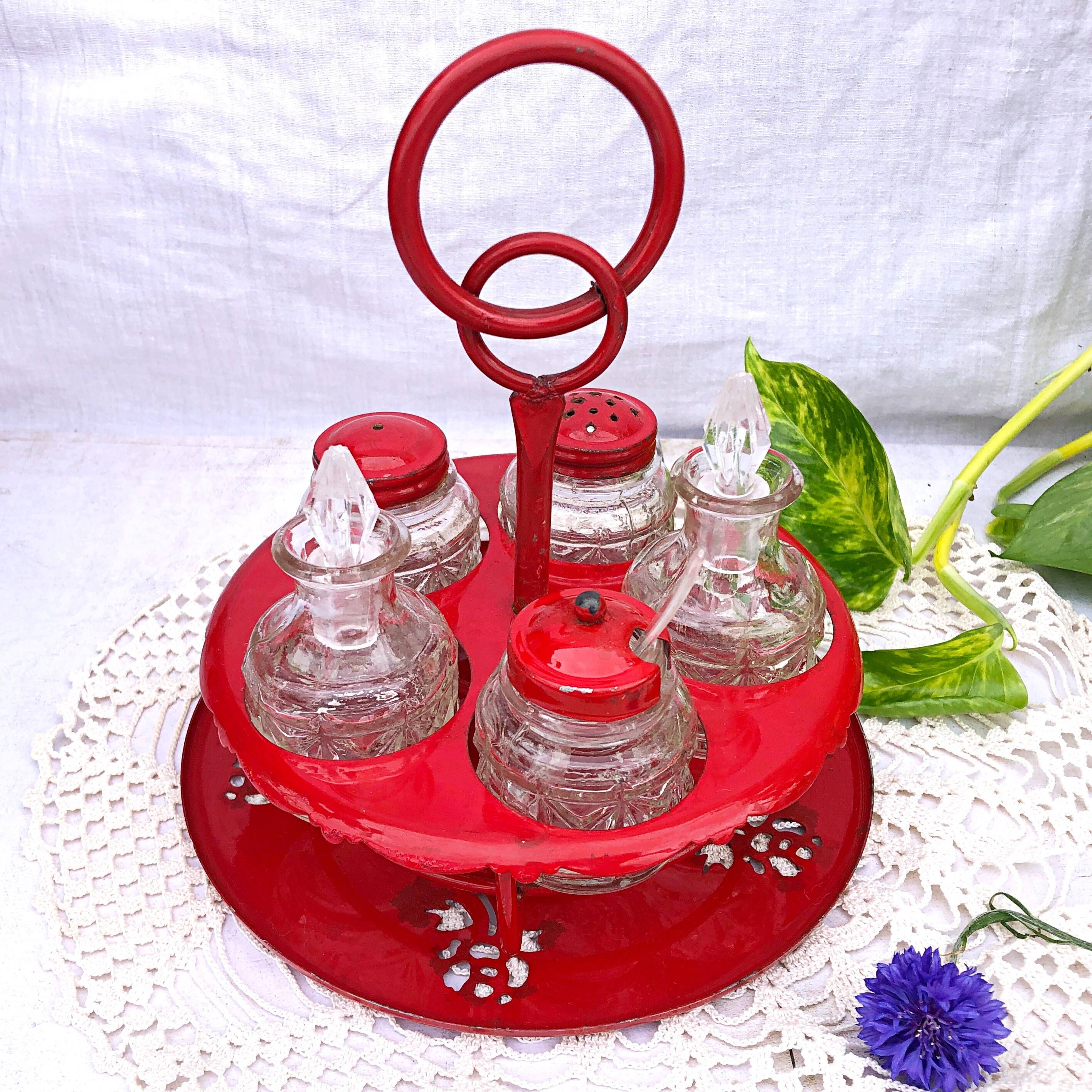 Table condiment server red metal turntable 6 vintage pieces