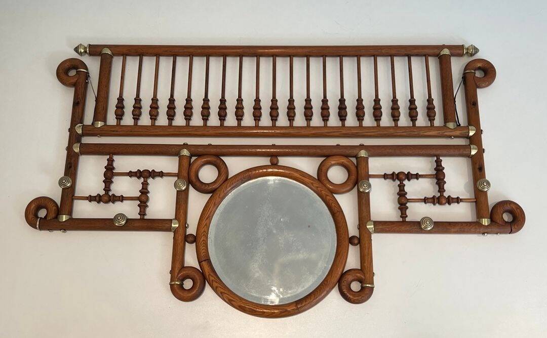 Curved Wooden and Brass Wall Coat Rack, Arts & Crafts, Austria, glass