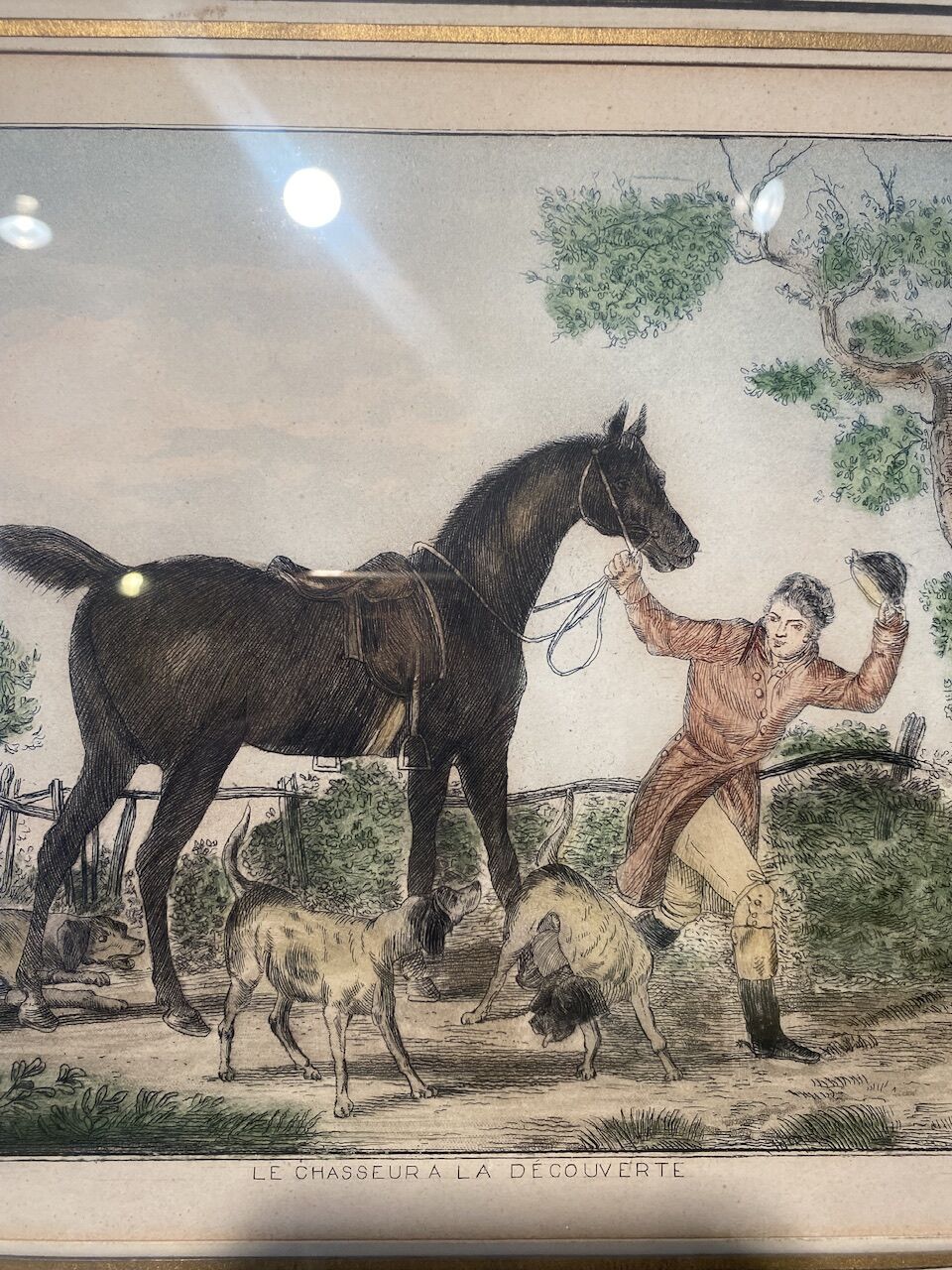 Antique engraving , the hunter to the discovery early XX century