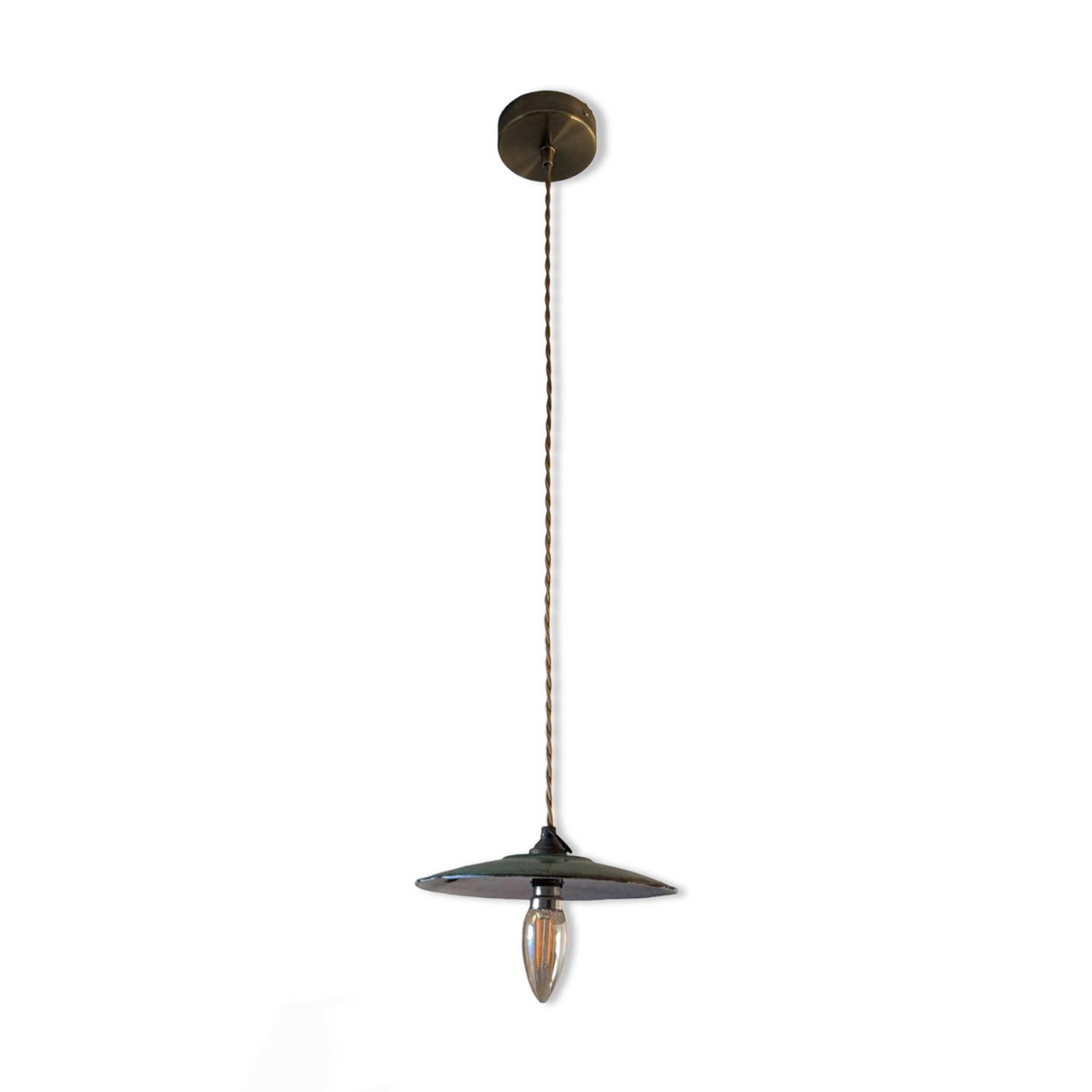 Industrial hanging lamp in green enamelled sheet metal