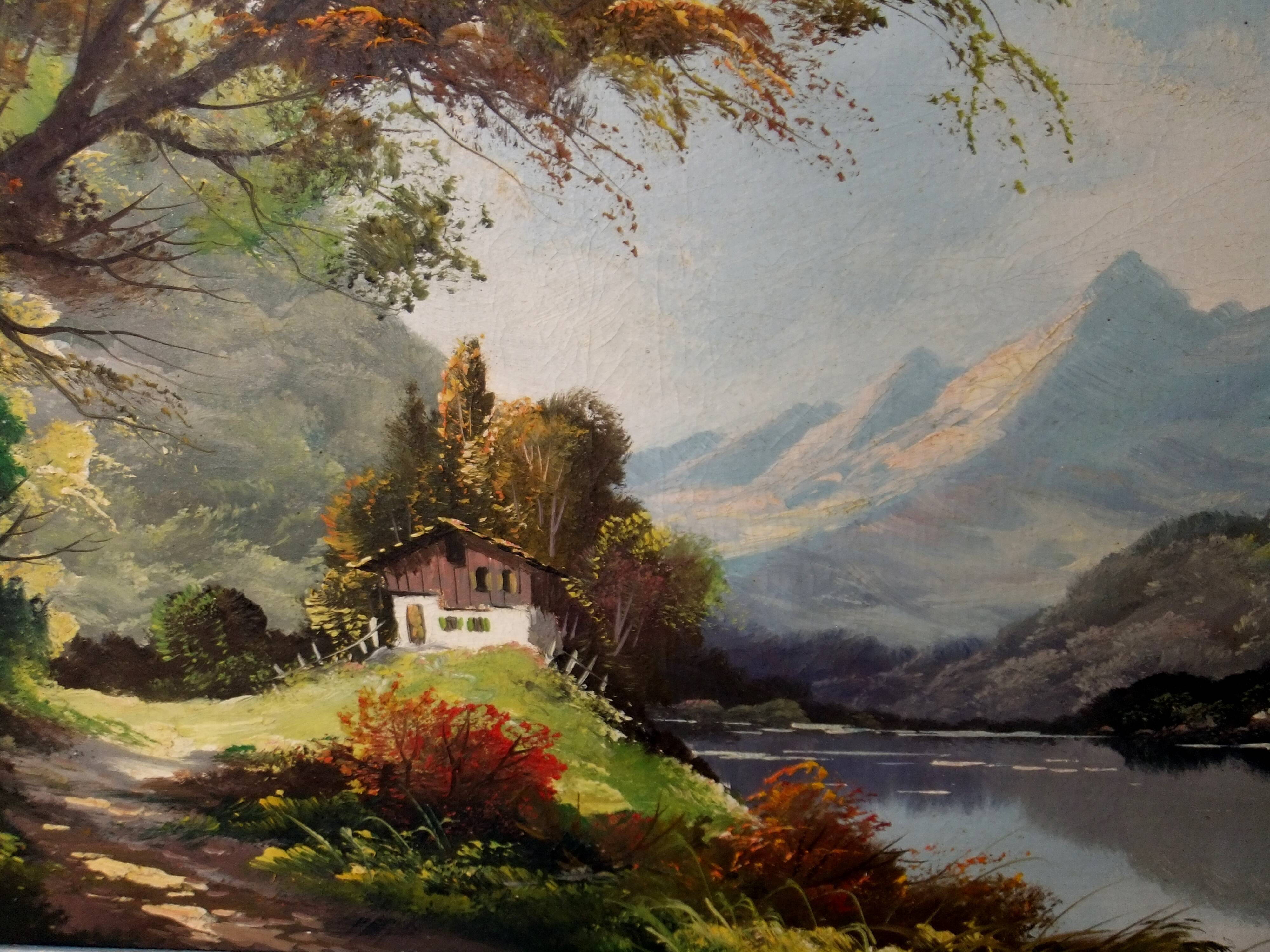 Tableau peinture à l'huile paysage signé Vernon cadre bleu gustavien et or