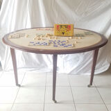 Mahogany game table and mahogany veneer, rolling half-moon console or round table.