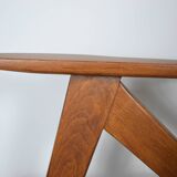 Fauteuil compas restauré, tissu vert forêt, bois de teck, 1960