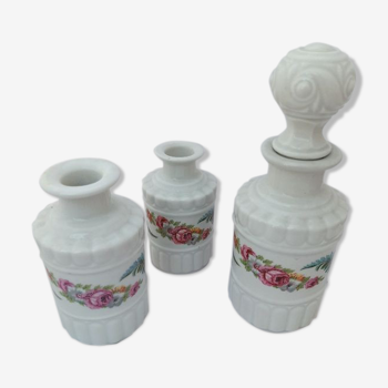 Bathroom trim, series of 3 pots in Paris porcelain with the same floral décor