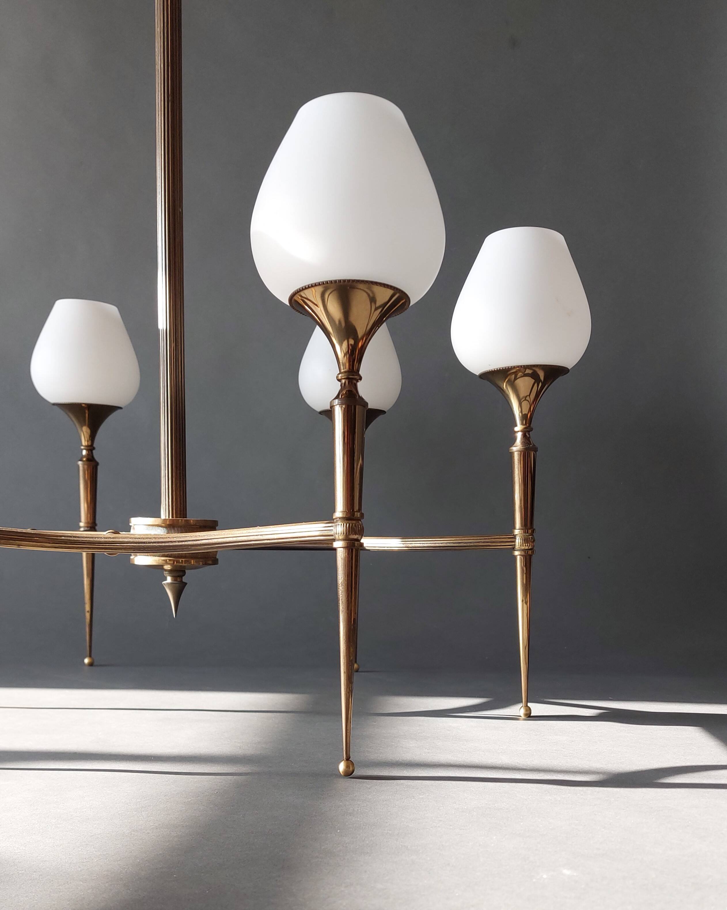 Chandelier in gilded brass and white opalines with 6 lights 1960.