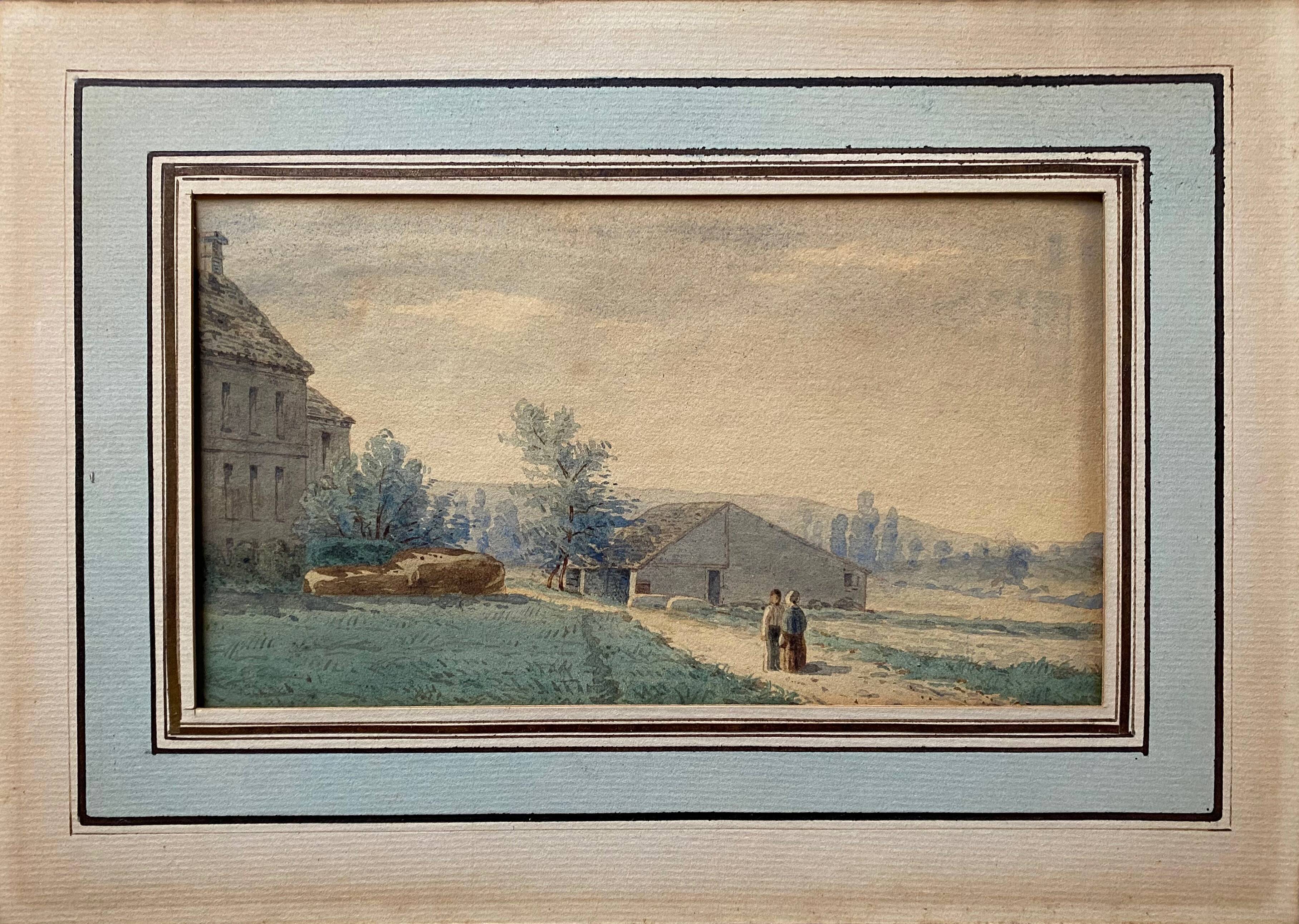 Watercolor painting circa 1870 "The conversation" signed with Marie Louise
