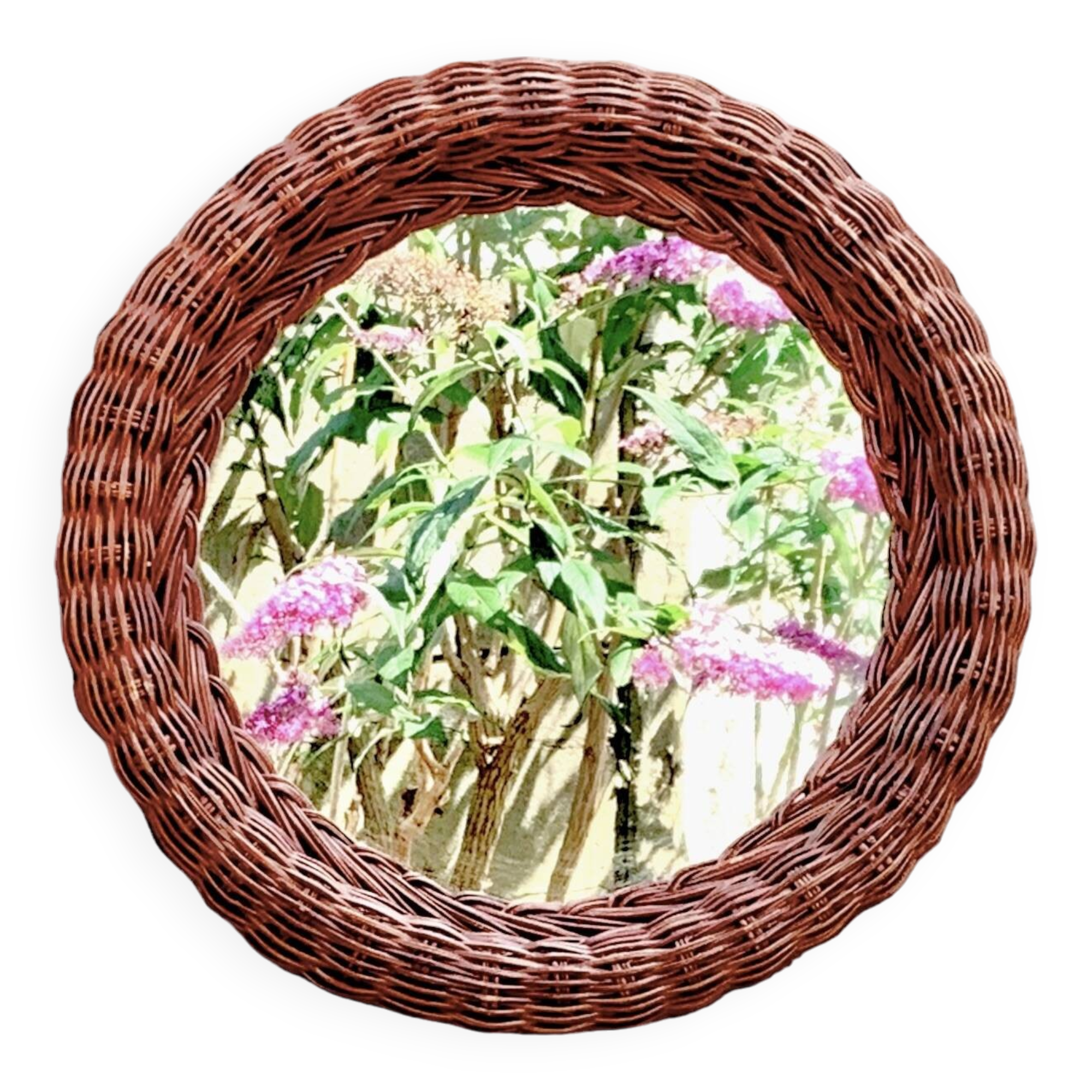Vintage round woven rattan wall mirror