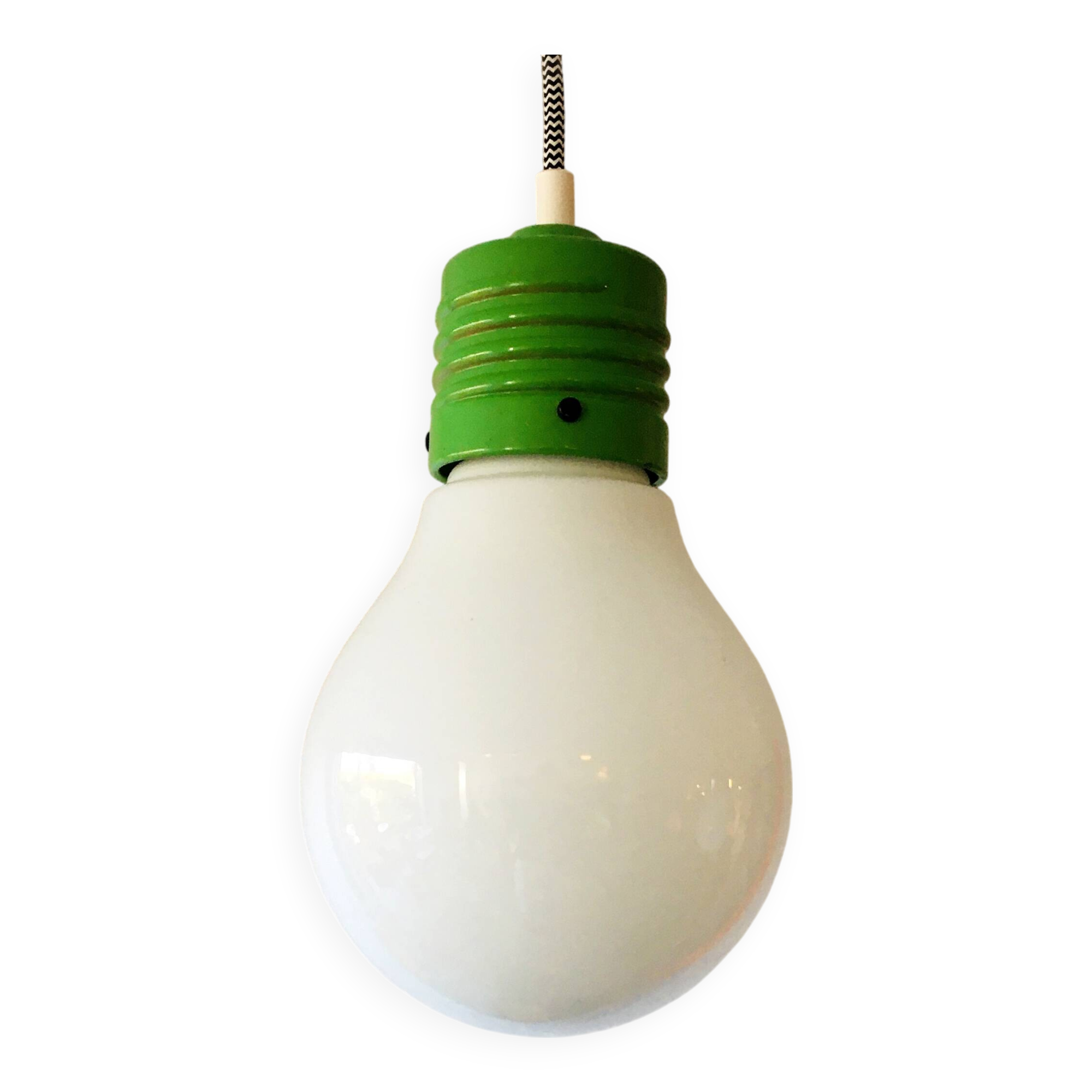 Opaline shade in a metal holder Pendant Lamp with fabric wire, Italy, 1960s
