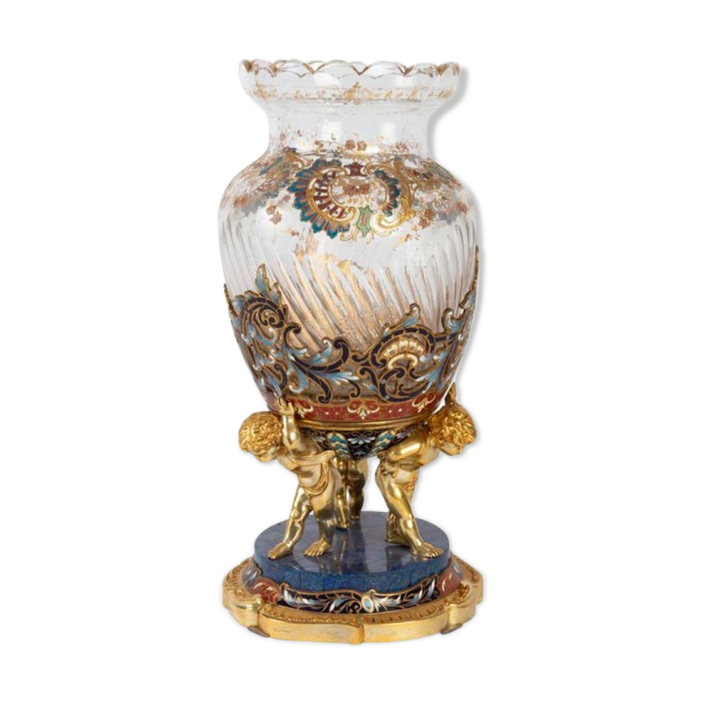 Centre de table vase en bronze cloisonnée emaillé et doré époque