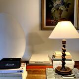 Turned wooden lamp, fabric cable, cotton lampshade.