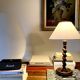 Turned wooden lamp, fabric cable, cotton lampshade.