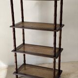 Vintage wooden shelf with cane, colonial style, 4 levels.