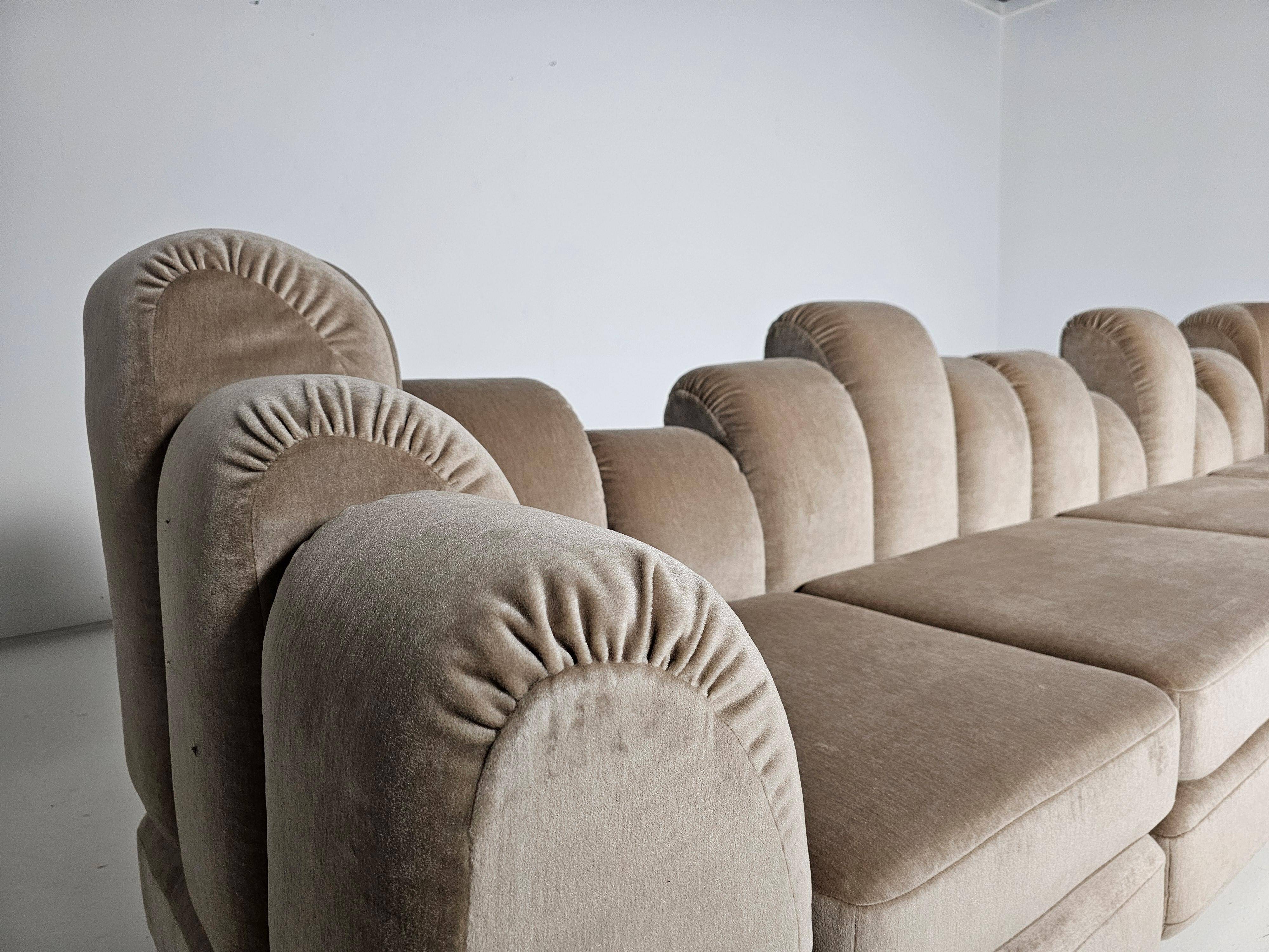 Beige mohair velvet sectional sofa by Hans Hopfer, Roche Bobois.