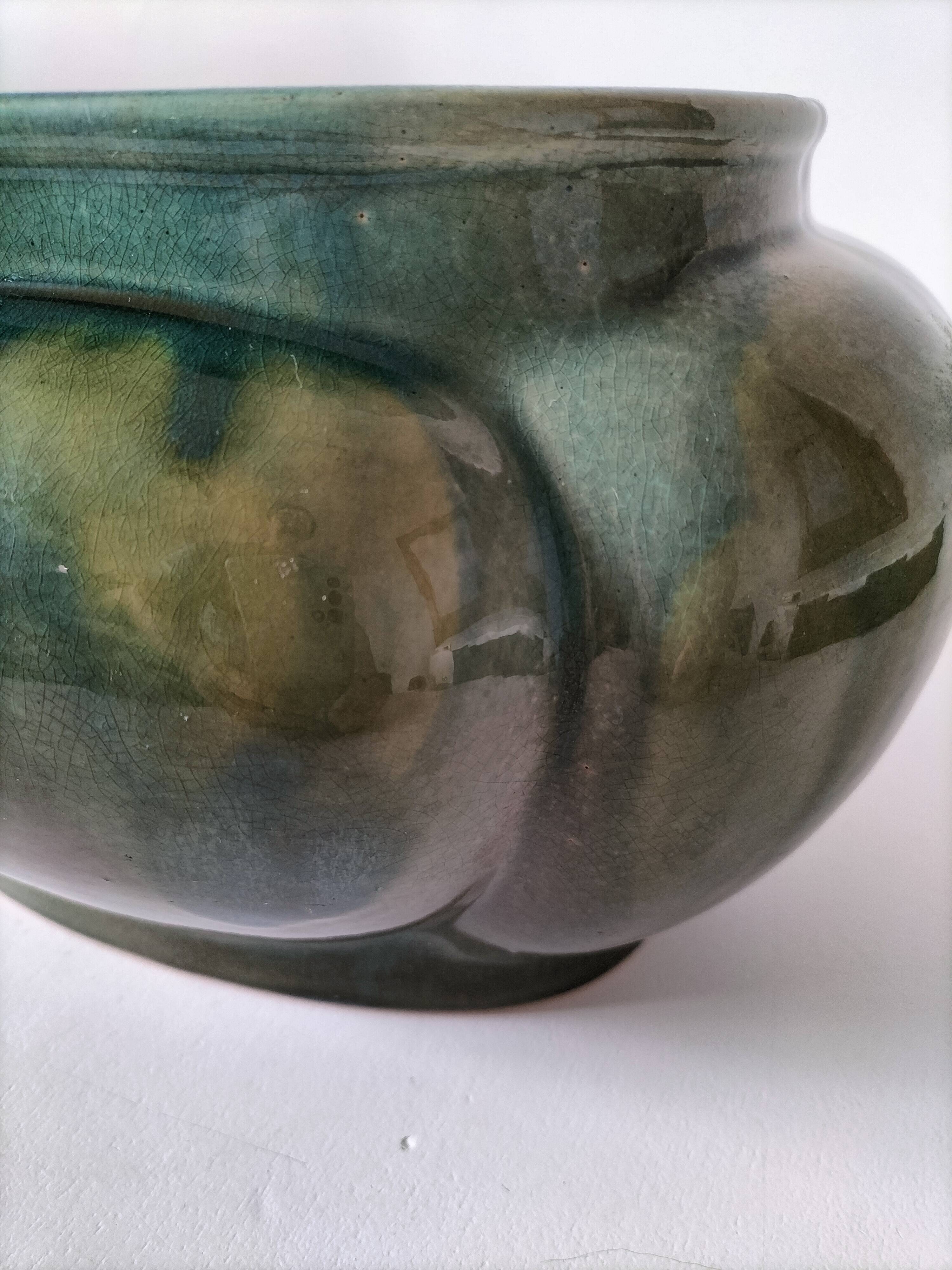 Cache-pot Art déco lobé en faïence émaillée vert turquoise