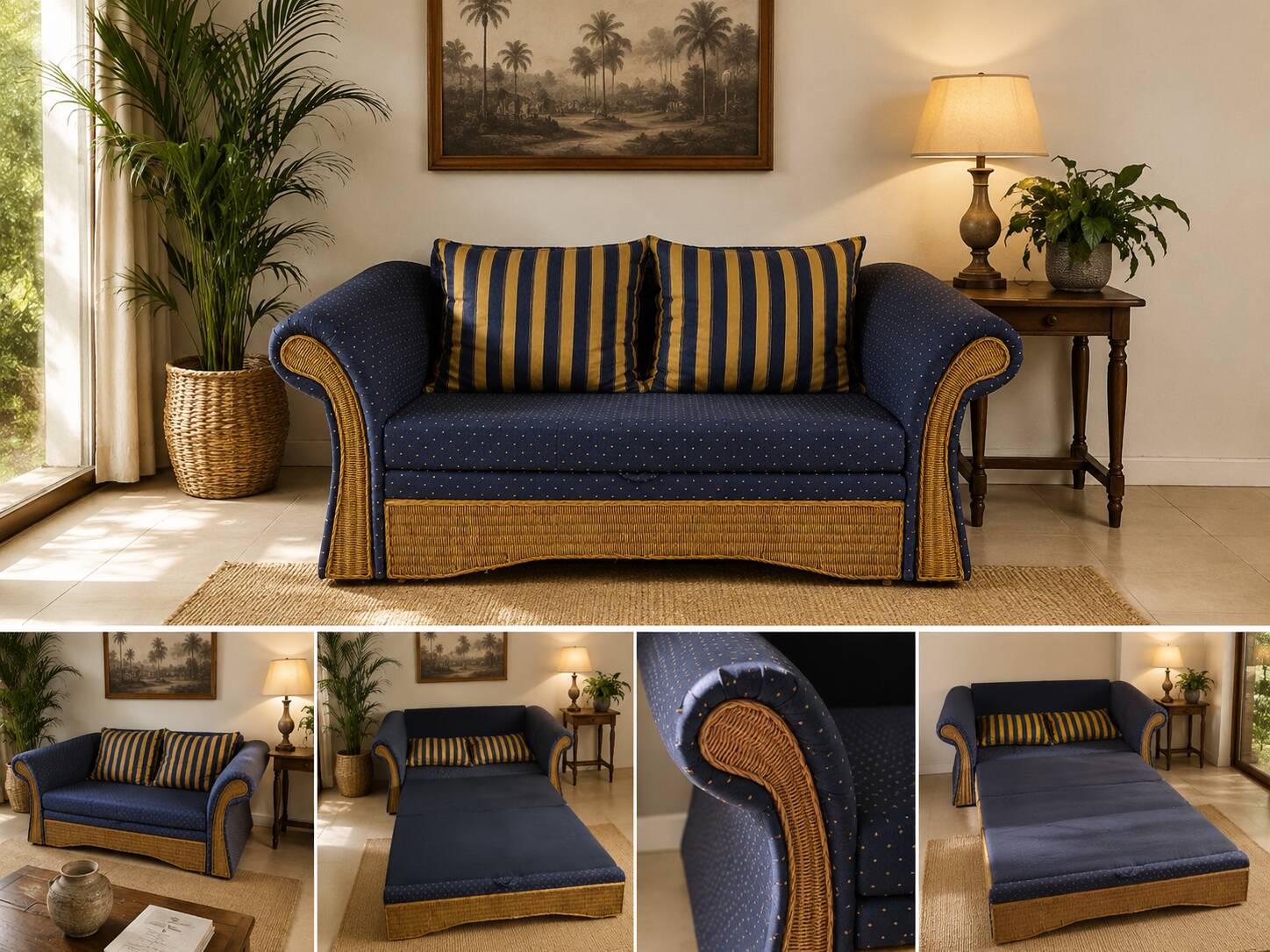 Vintage colonial-style rattan sofa bed