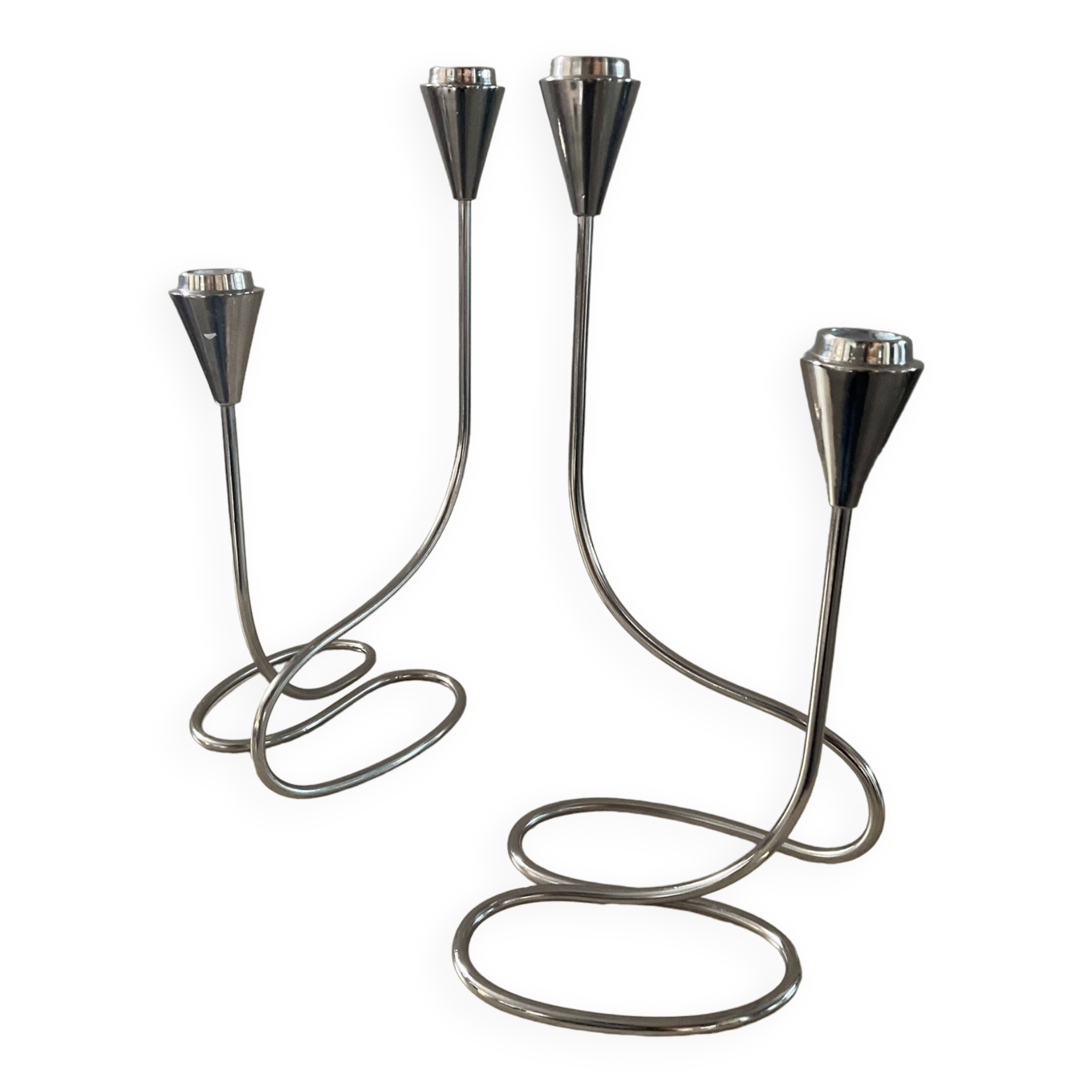 Pair of modernist silver metal candlesticks