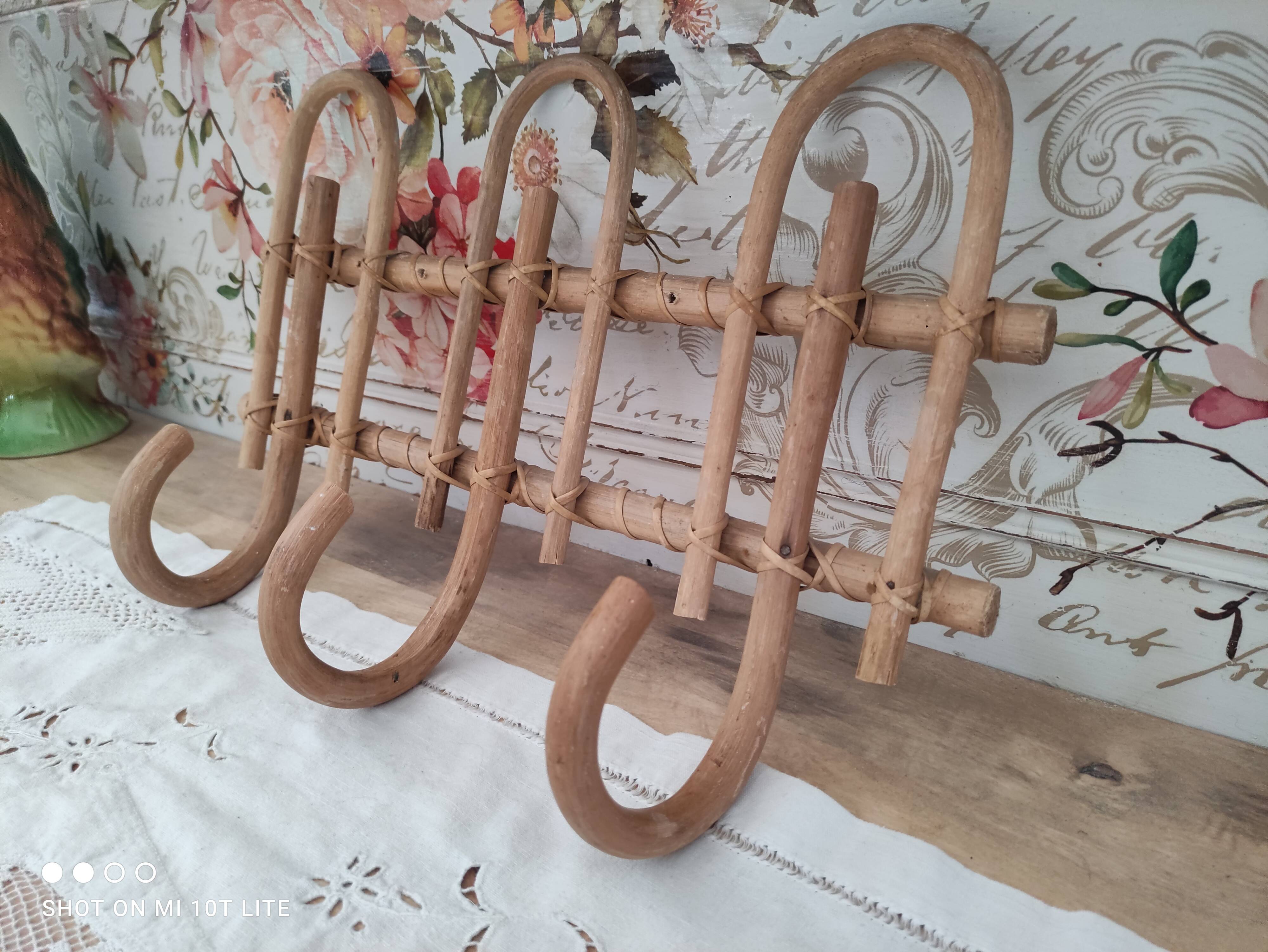 Vintage rattan coat hook with 3 hooks