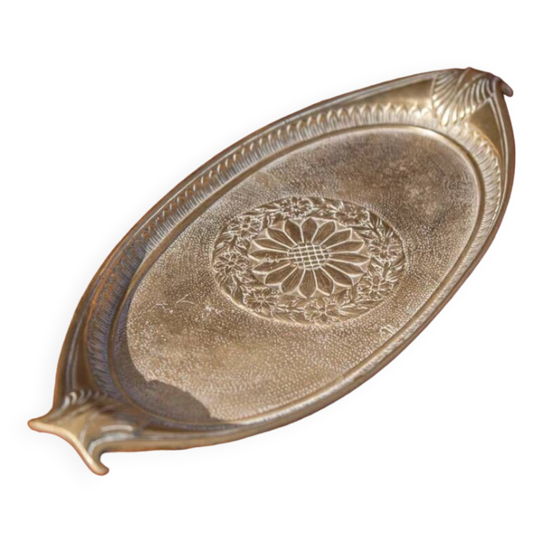 Plateau laiton vintage, plateau oval, plateau à anses, plateau gravé avec motif floral, tray