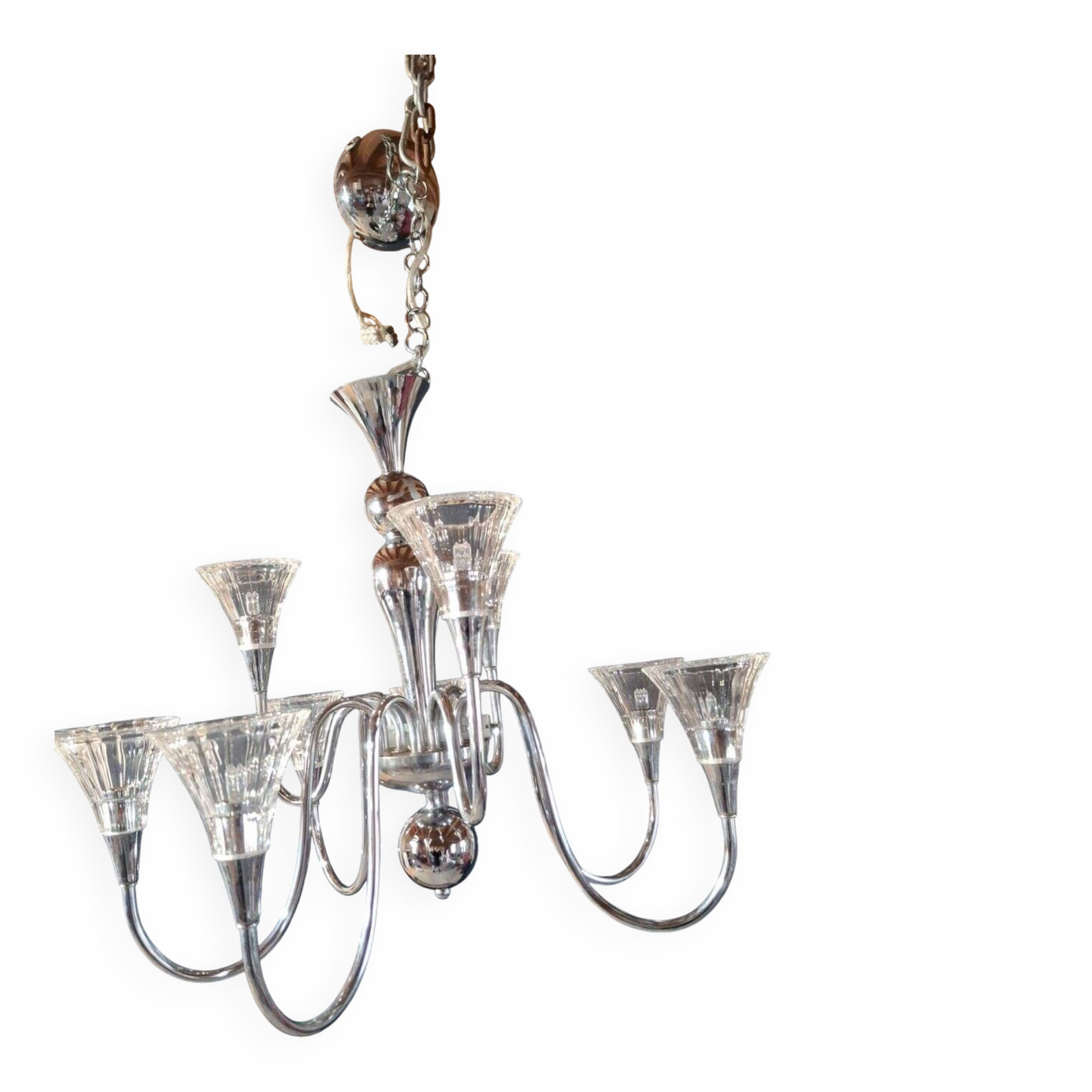 Chandelier from the 1930s to 1950s in chrome metal and thick glass.