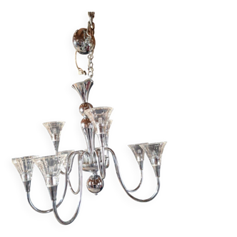 Chandelier from the 1930s to 1950s in chrome metal and thick glass.