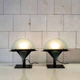 Pair of postmodern lamps with iron structure and lampshade in satin glass Italy 80s