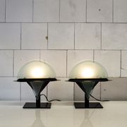 Pair of postmodern lamps with iron structure and lampshade in satin glass Italy 80s
