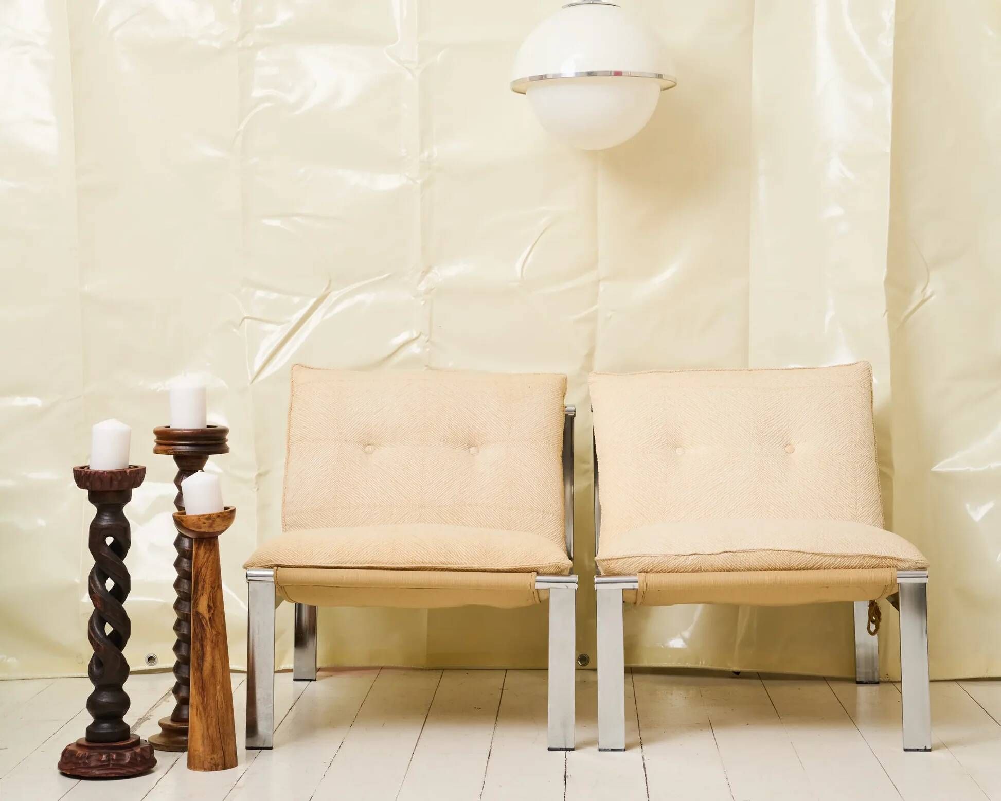 Beige armchair with chrome frame (1 of 2), Italy, 1980s