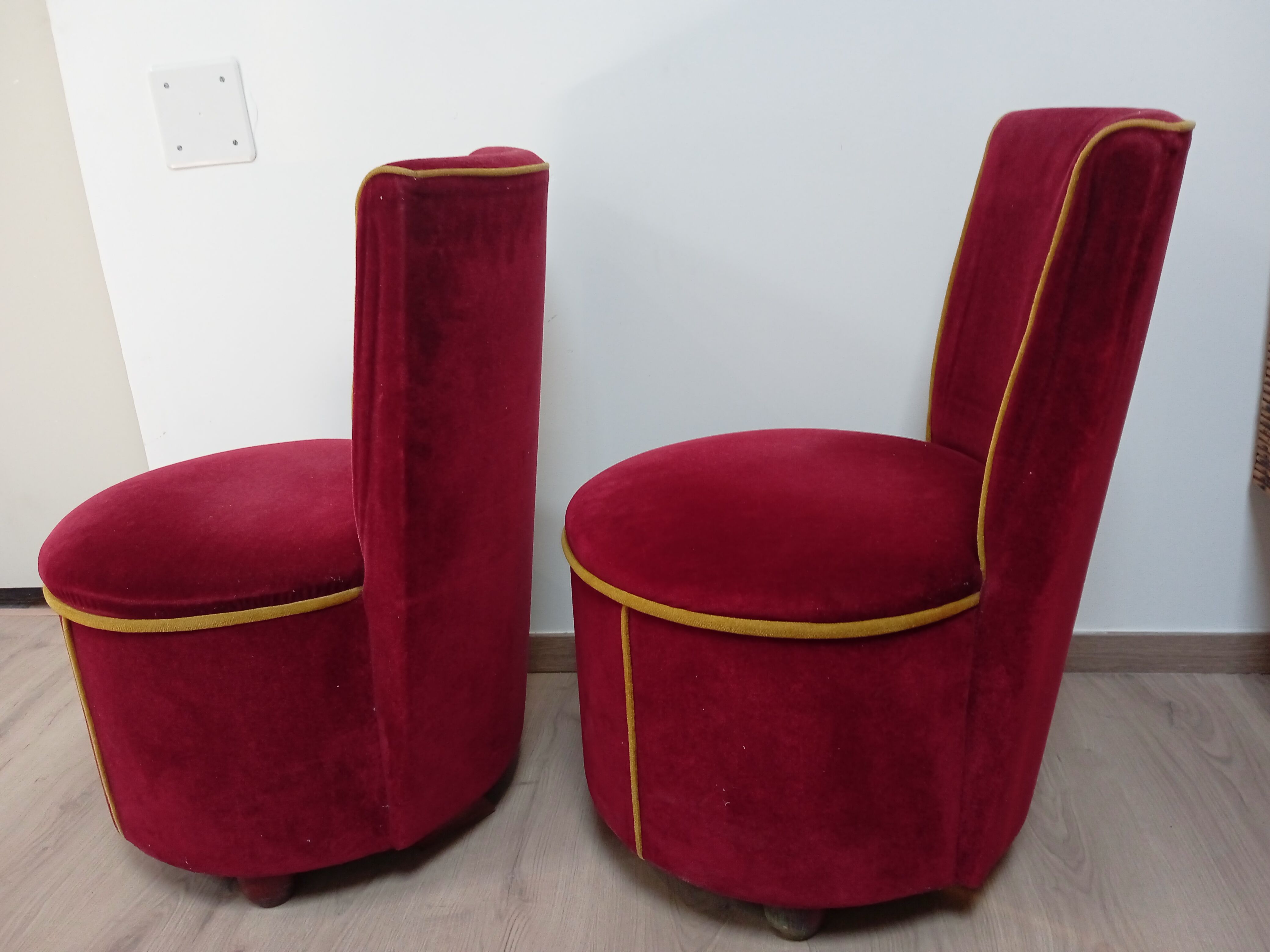 Pair of cabaret armchairs red velvet gold border