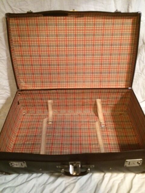 Suitcase vintage leather inside and brown carpeted home