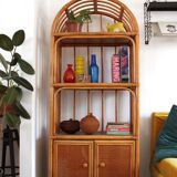 Woven rattan and bent bamboo arched bookcase display high wall cabinet.
