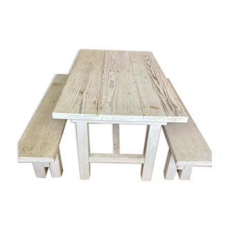Solid Oak table and two benches