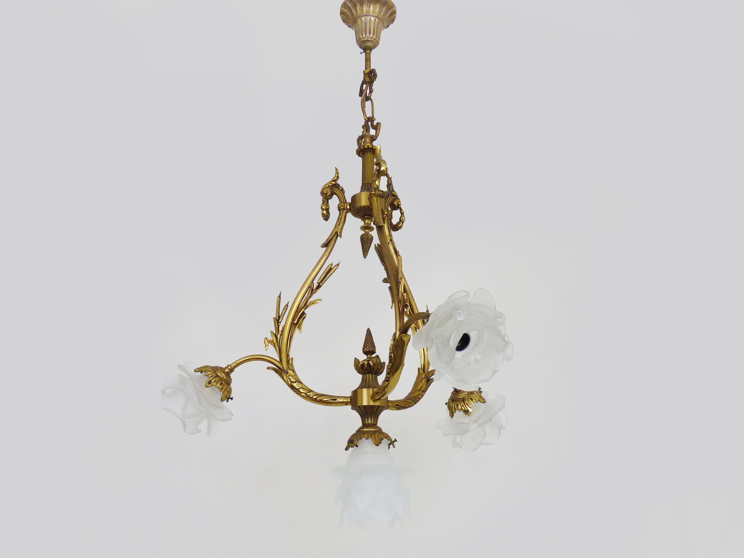 Bronze chandelier with 4-burner glass tulips, chandelier 70s