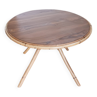 Table basse en rotin / bambou et bois. Vintage années 50/60.