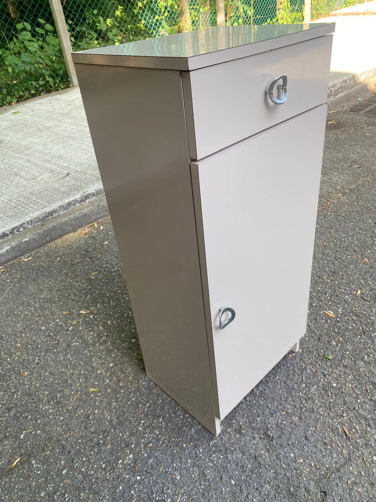 Narrow vintage beige bathroom cabinet 1970s