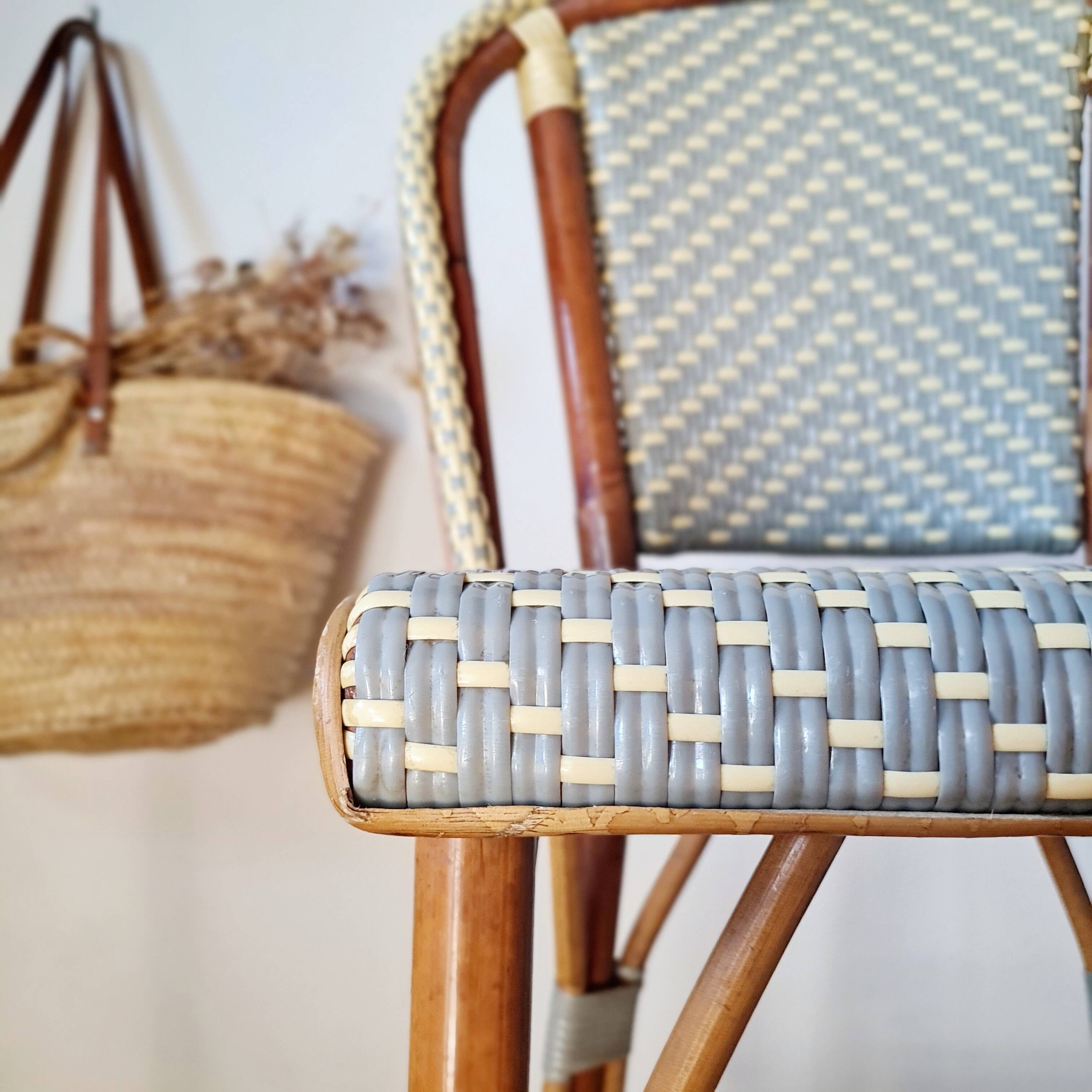 Vintage Gaty bar stools in two-tone rattan and cane.