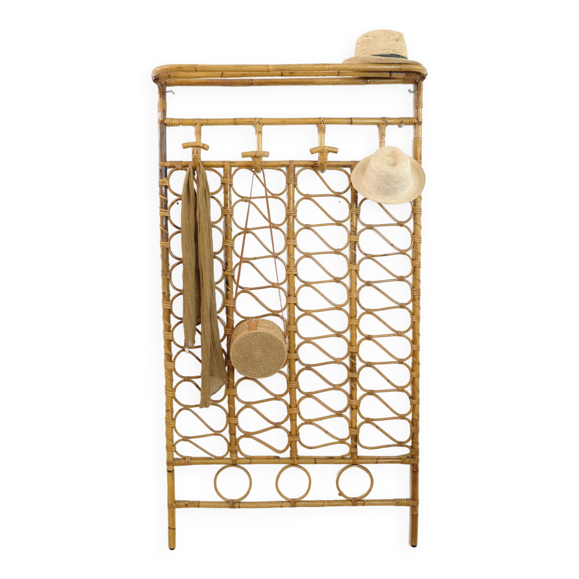 Large rattan wall coat rack, Italy, 1960s.