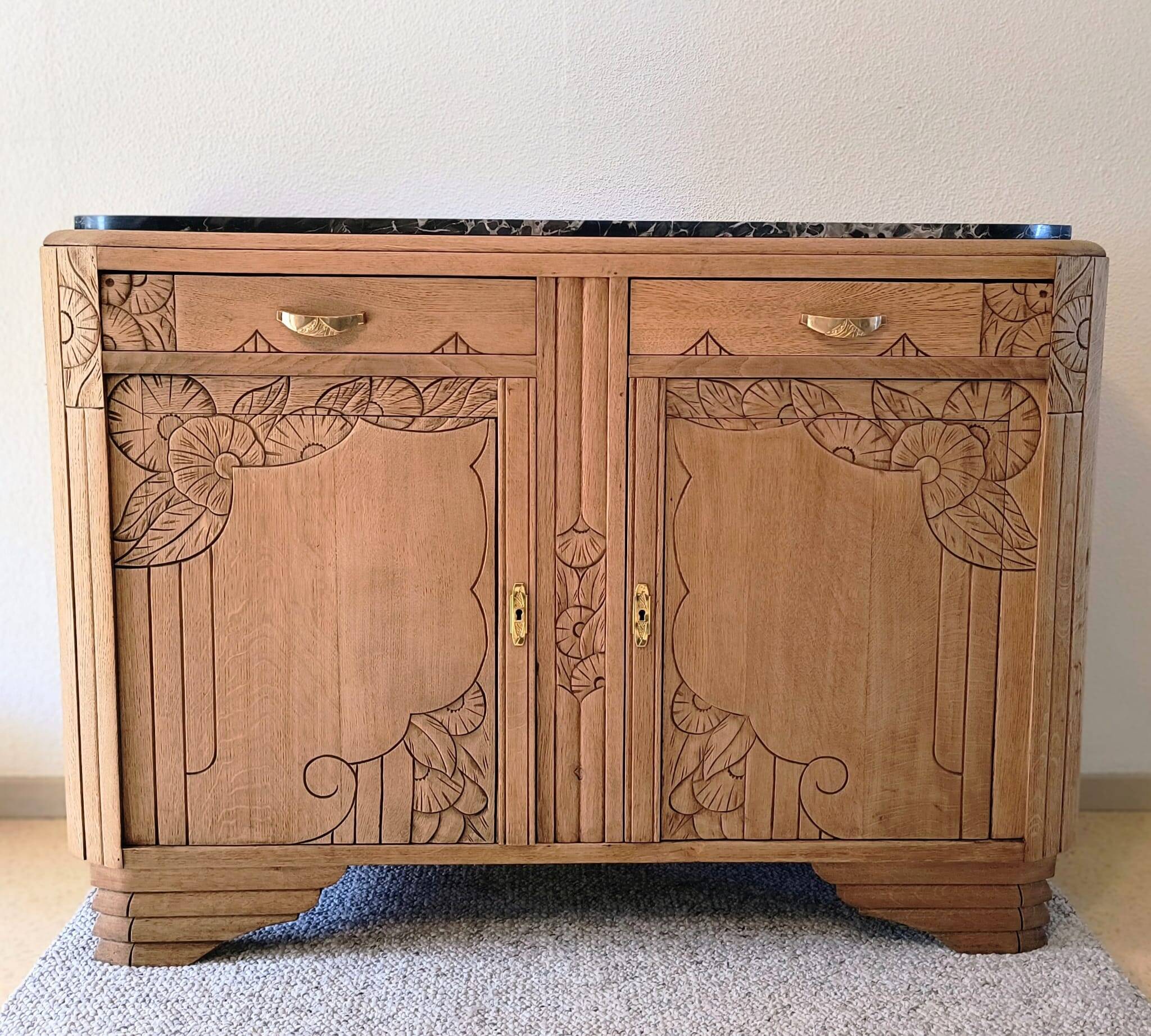 Art Deco Sideboard - Solid Oak - Black Marble