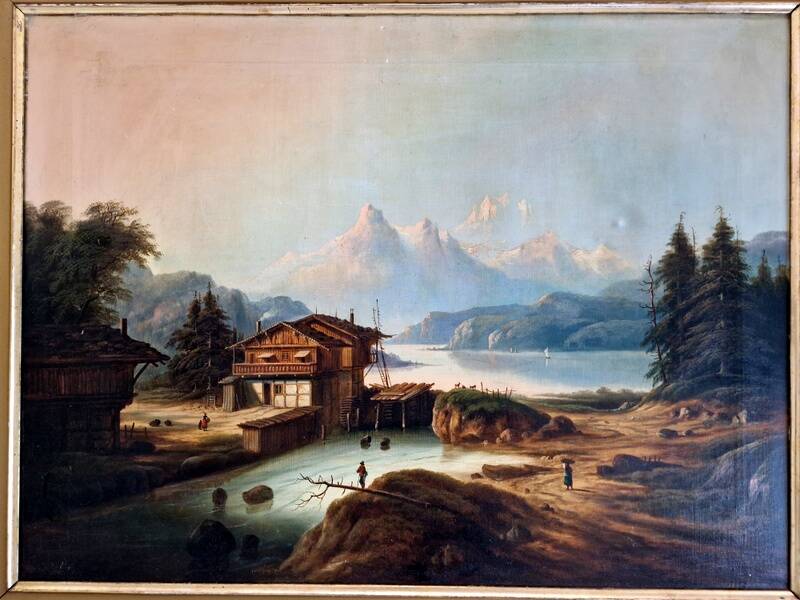 August Achilles (1798-1861) - Oil on canvas - Lakeside landscape in Switzerland