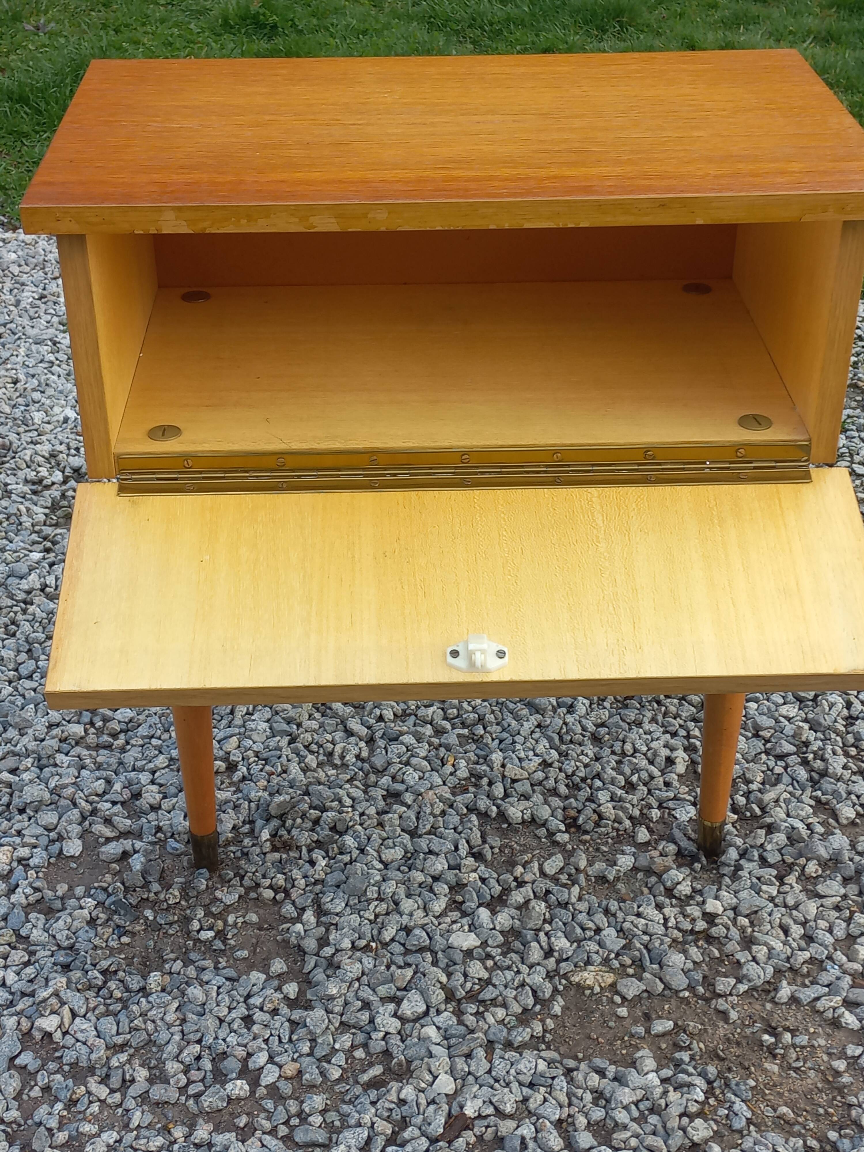 Vintage 1950s bedside table in blond oak with conical legs