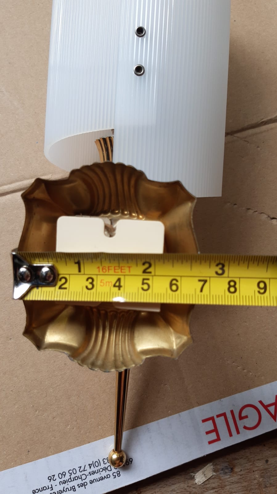 Pair of gold steel wall lamps, plexi and pleated plastic shades 60s-70s