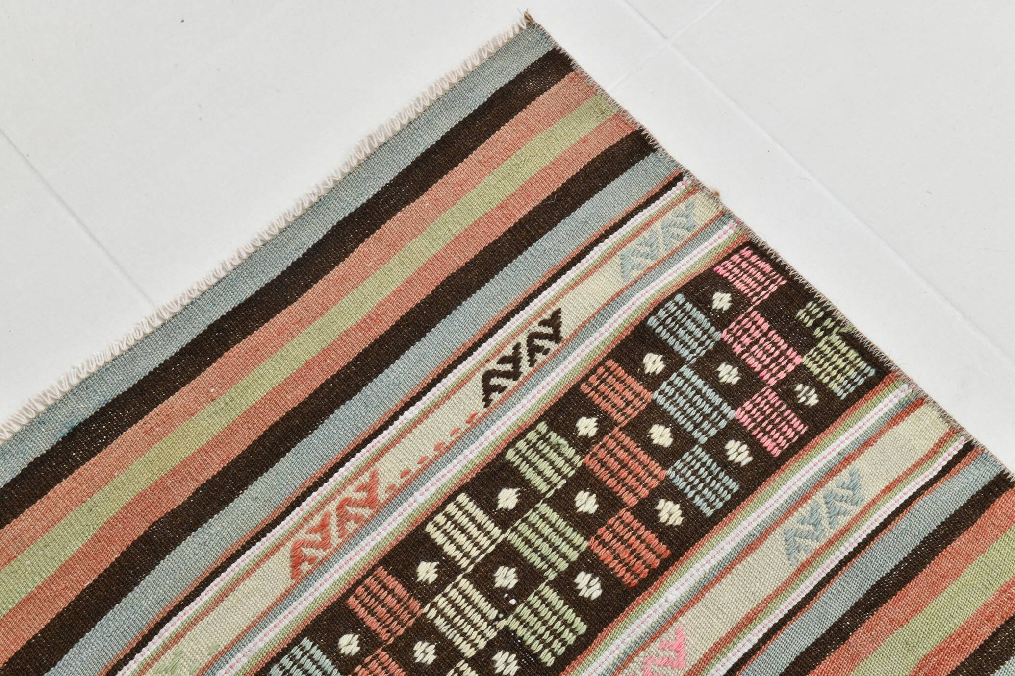 2x9 Green & Orange Striped Kilim Runner Rug, 74x276Cm