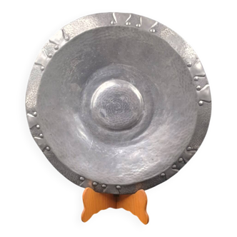 Large hollow dish 46cm dinanderie repoussé tin by Alice Eugène Chanal 1900/1925