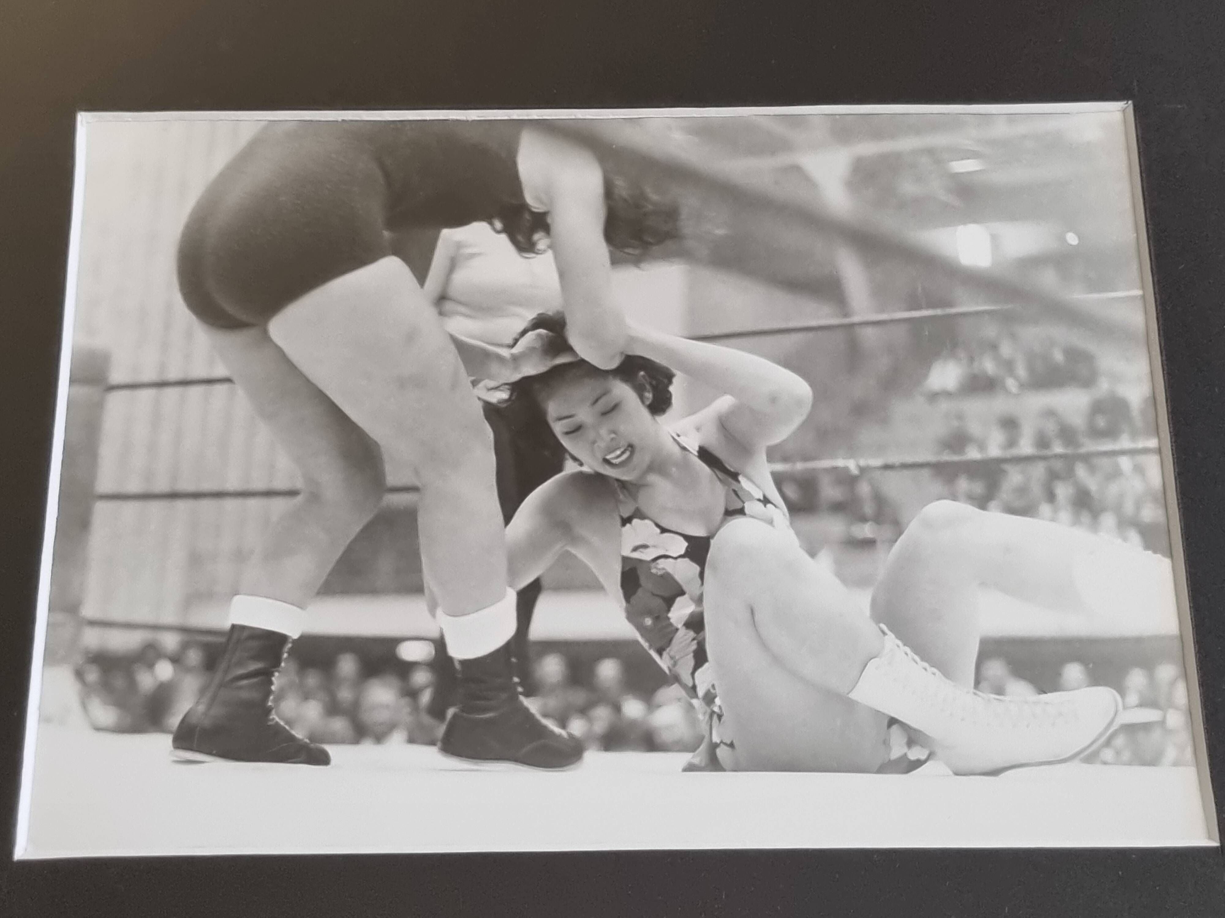 Vintage framed silver prints, women's wrestling, 1960s, 31 x 41 cm