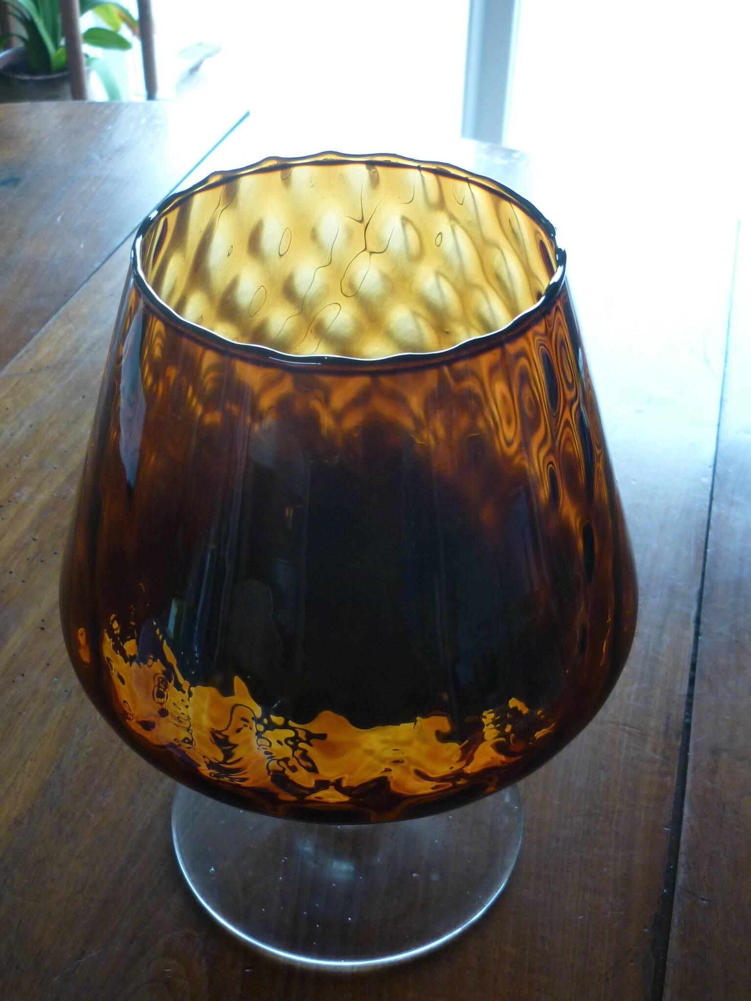 Vintage amber & clear glass footed vase