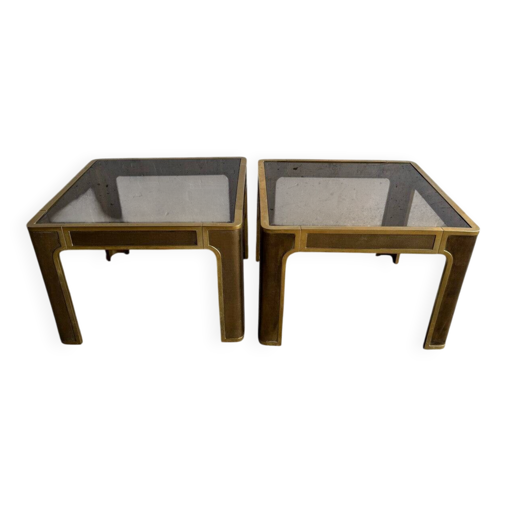 Pair of Gold Bronze Side Tables with Smoked Glass Tops — Solid Bronze, 1970s Belgian Design