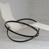 Chaise longue à bascule de Roger Lecal, modèle Jetstar, acier laqué marron et toile, France, 1975