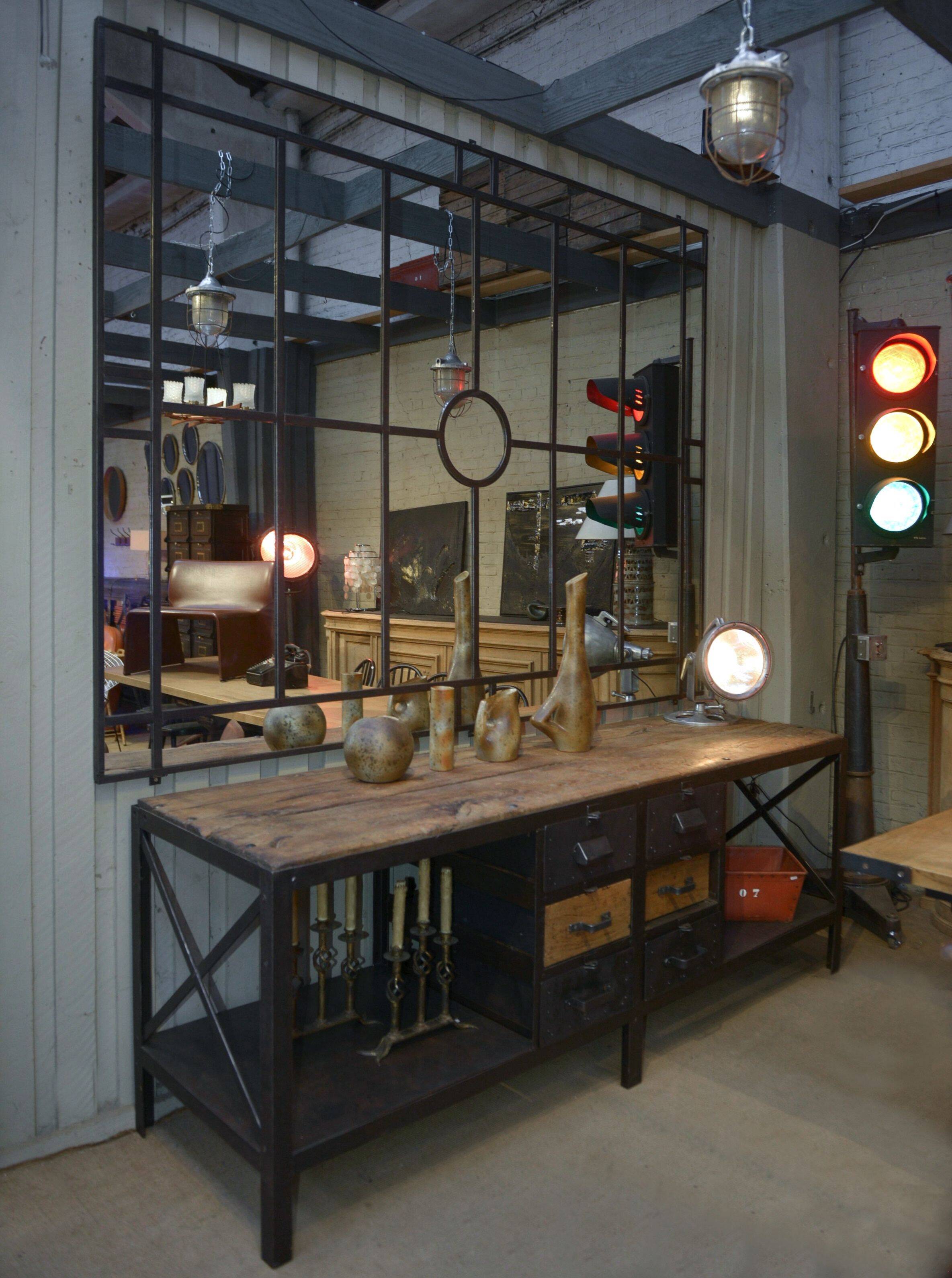 Industrial sideboard from metal and wood factory 1950