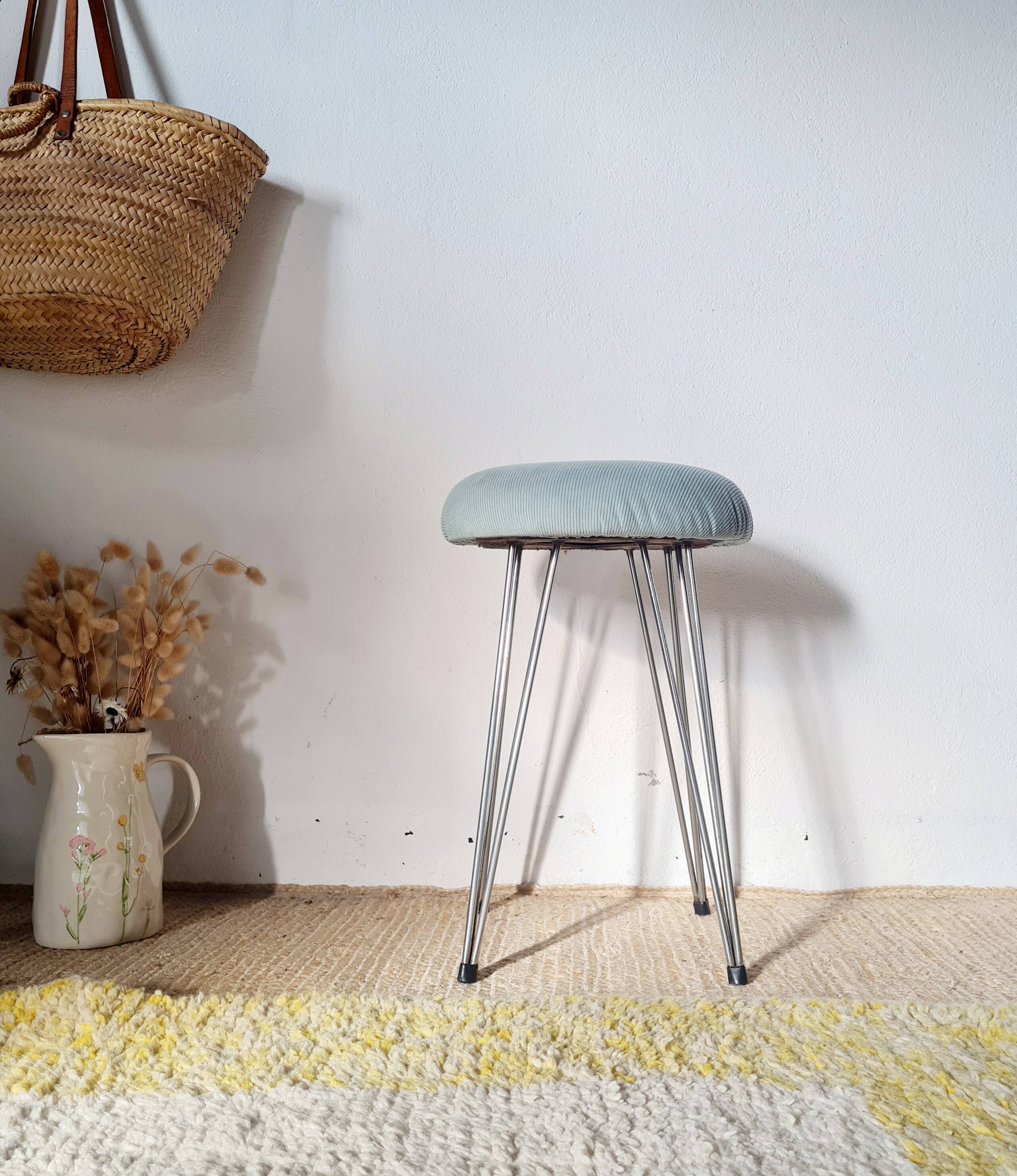 Vintage 1950s stool, metal tapered legs and velvet.